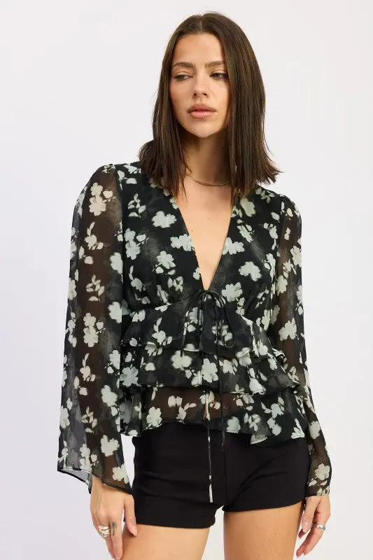 Floral Front Tie Ruffle Top online